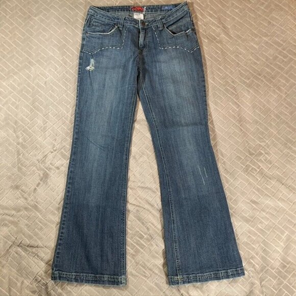 Leo Roma Women 9 Denim Jeans Blue Flare Low Rise Western Y2K Embroidered Pockets - Picture 1 of 12